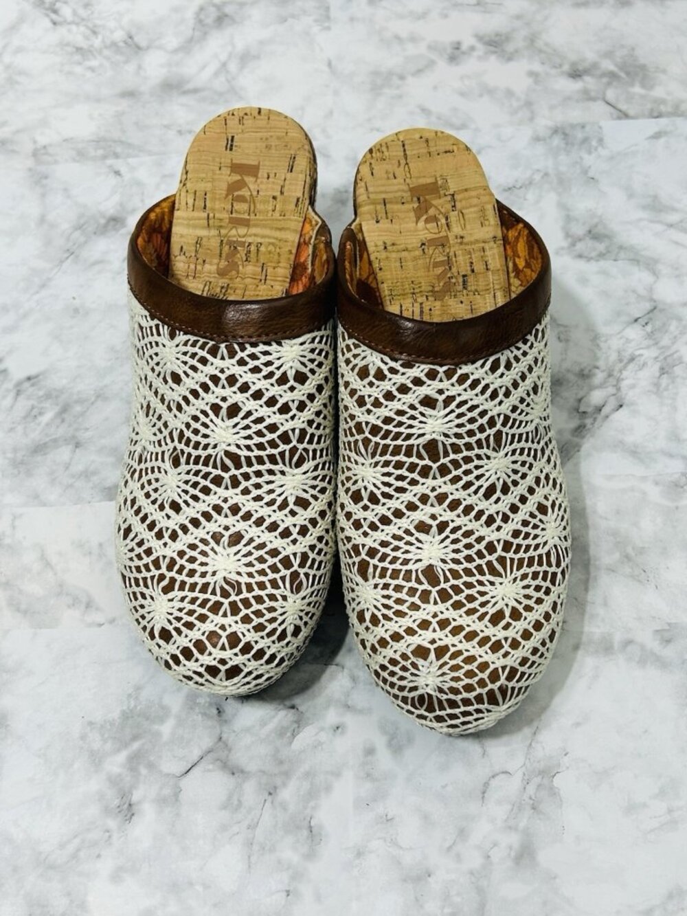 Korks Nora Clogs Size 8M Brown W/Cream Crochet Boho Hippie Chunky Slip On Mules